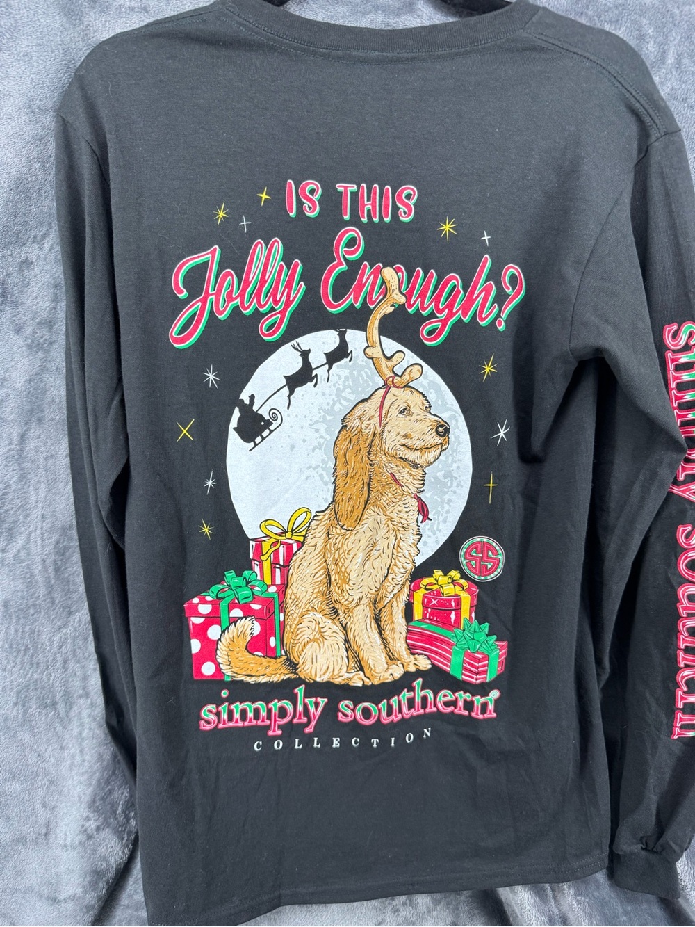 NWT Simply Southern Black Long Sleeve Christmas Holiday Dog T-Shirt Size Small
